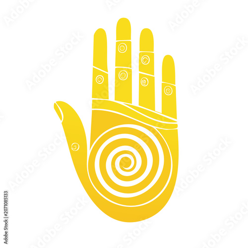 Yellow hand with white spiral and circle design