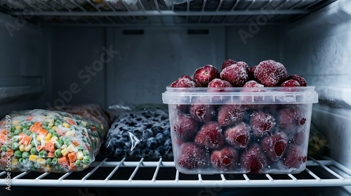 Frozen strawberries and vegetables in a freezer compartment