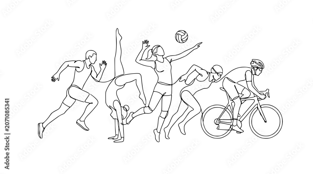 Obraz premium Diverse Sports Athletes Line Art: Running, Gymnastics, Volleyball, Swimming, Cycling