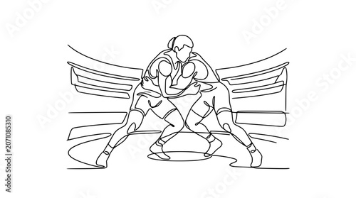 Obraz na plátně Wrestling match, continuous line drawing of two athletes grappling in a ring, ac
