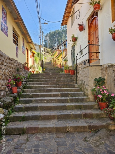 Bild auf Leinwand Pumacurco steep cobblestone street in Cusco, Peru, Cusco City Centre with Potted