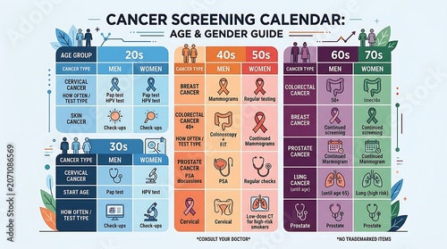 Cancer screening calendar and health guidelines by age and gender