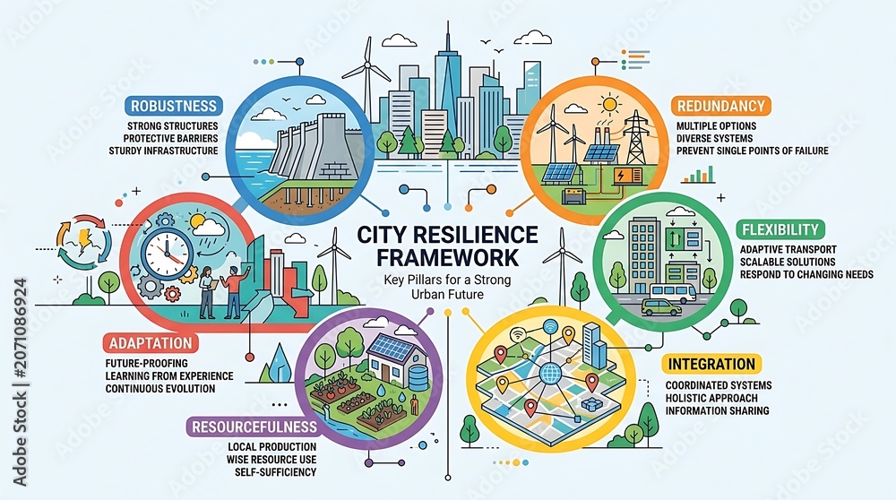 Naklejka premium Infographic showing key pillars of a strong urban resilience framework
