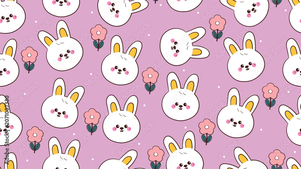 Fototapeta premium cute hand drawn cartoon white bunny with flowers in purple background pattern for desktop wallpaper