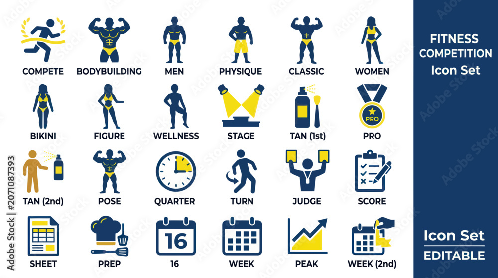 Fototapeta premium Fitness Competition Icon Set: Bodybuilding, Physique, Tan, Judge, Score, Prep