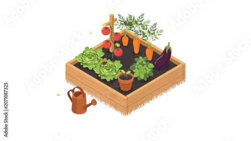 Bild auf Leinwand Isometric cartoon vegetables and herbs garden with small red insect