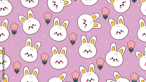 cute hand drawn cartoon white bunny with flowers in purple background pattern for desktop wallpaper