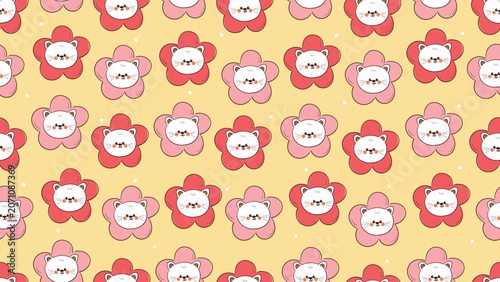 cute hand drawn cartoon cat inside flower in yellow background pattern for desktop wallpaper