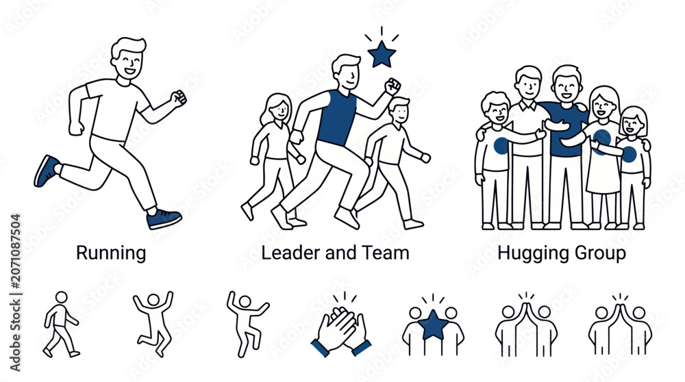 Obraz premium Teamwork, Leadership, and Success Icons: Running, Group Hug, High Five, Clapping