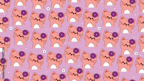 cute hand drawn cartoon cat with hair pin in purple background pattern for desktop wallpaper