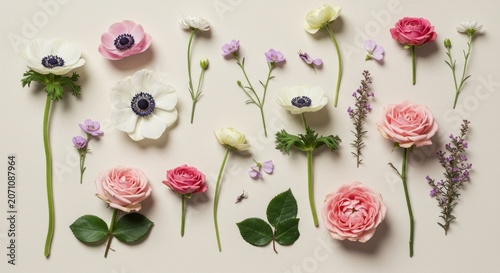 A beautiful arrangement of various flowers including roses, anemones, and small purple blooms on a plain surface.
