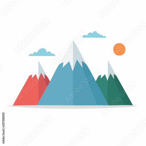 Flat Design Mountains with Clouds and Sun