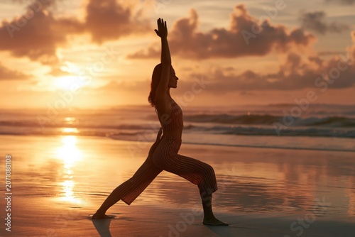 Woman in yoga pose on beach at sunrise peaceful golden light