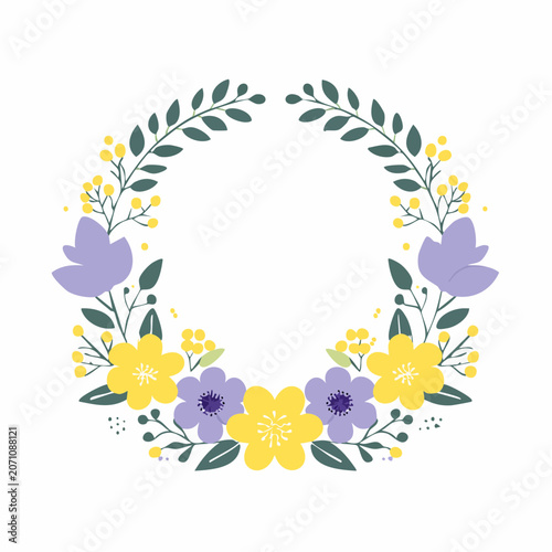 Floral Wreath with Yellow and Purple Flowers and Green Leaves