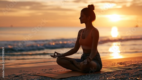 Woman in yoga pose on beach at sunrise peaceful golden light