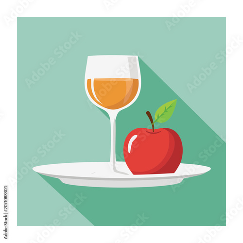 Flat Design Illustration of Wine Glass and Apple on Plate