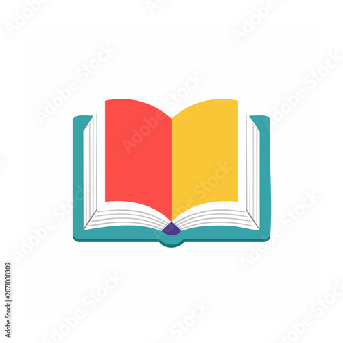 Flat design open book icon with red and yellow pages