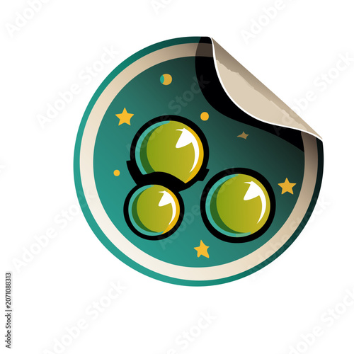 Teal circular sticker with three green circles and peeled corner
