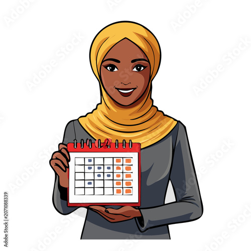 Woman in hijab holding calendar illustration
