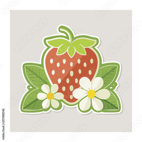 Flat Design Strawberry with Leaves and Flowers