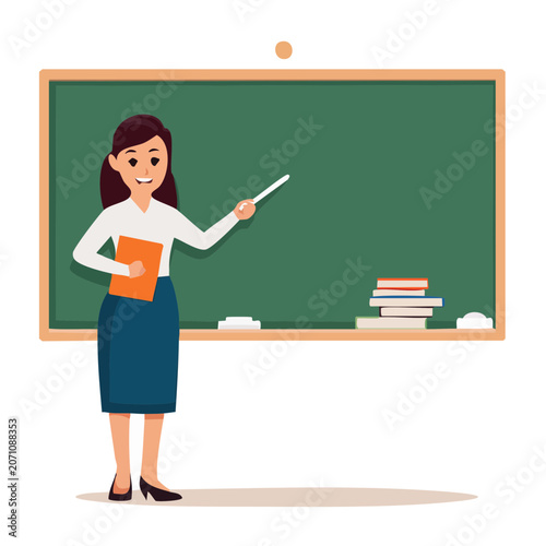 Woman teacher with book and pointer at a green chalkboard