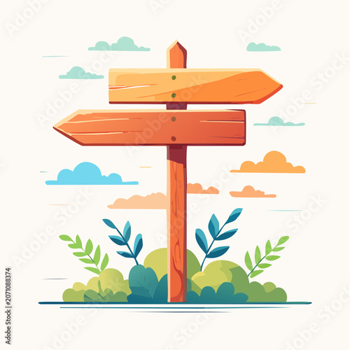 Wooden Direction Signpost with Clouds and Greenery