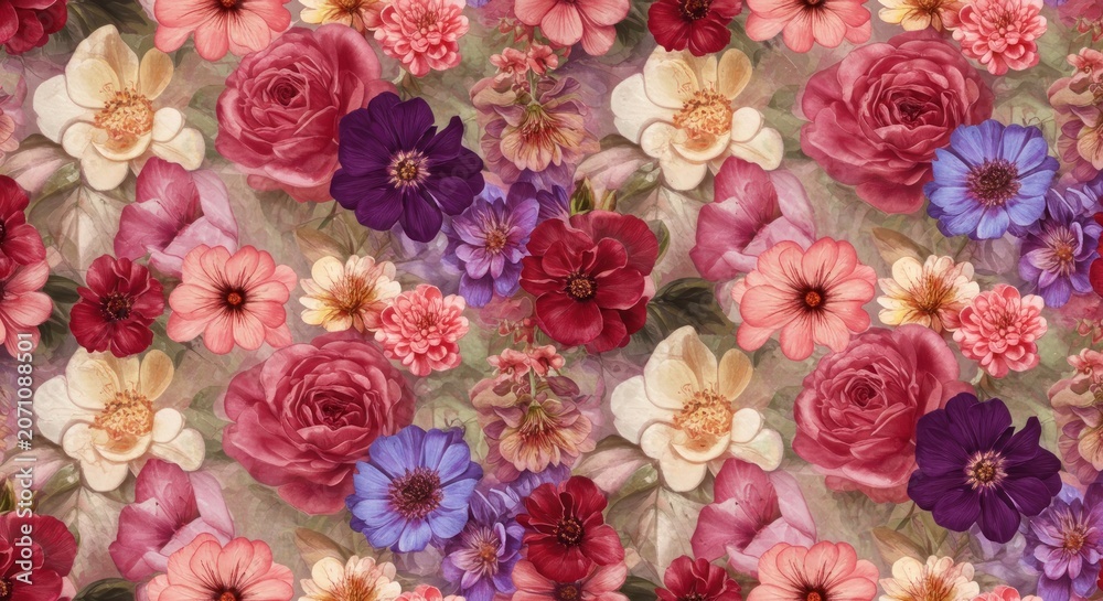 Fototapeta premium Vibrant flowers bloom in a colorful arrangement of roses, lilies, and more on a natural background.
