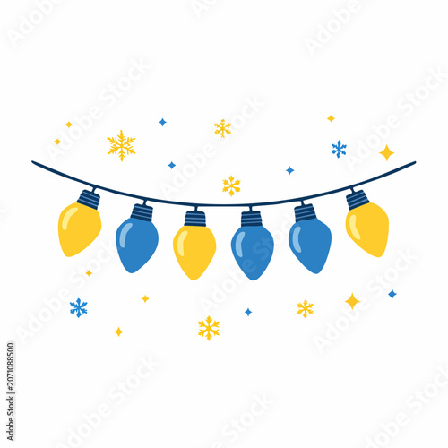 String of blue and yellow Christmas lights with snowflakes