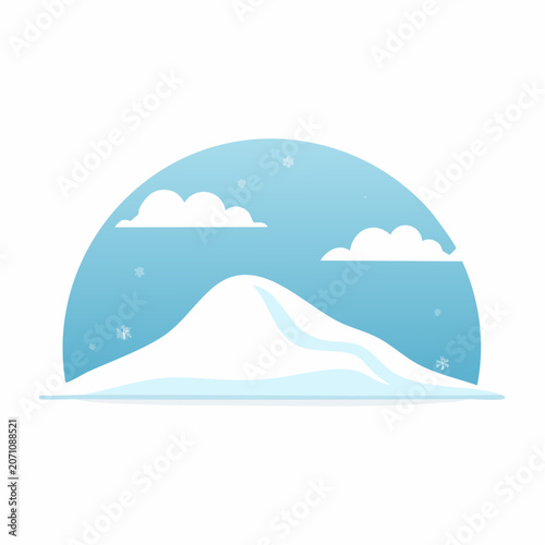 Stylized Winter Mountain Landscape with Snowflakes and Clouds