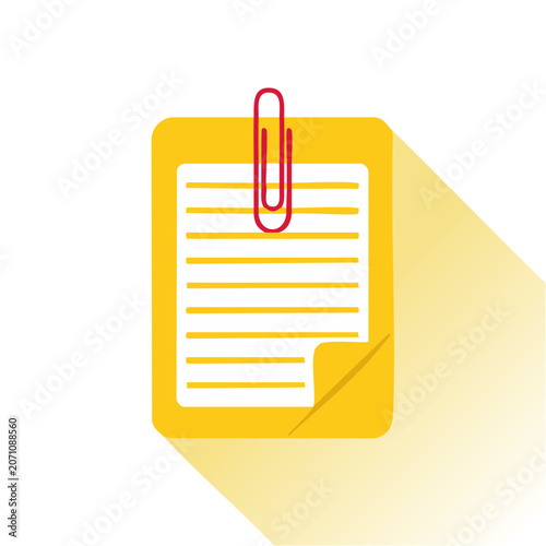Yellow clipboard with paper and red paperclip icon
