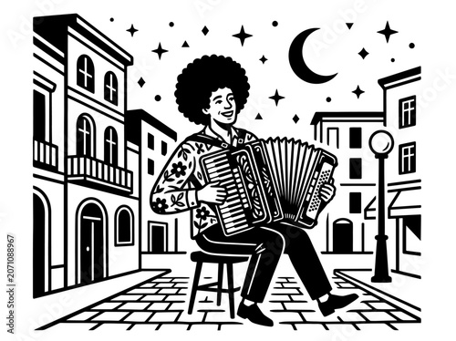 Bild auf Leinwand Black and white woodcut illustration of a street musician playing accordion in a