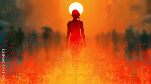 Exhausted Woman in Sunglasses During Extreme Heatwave – Dramatic Orange Illustration