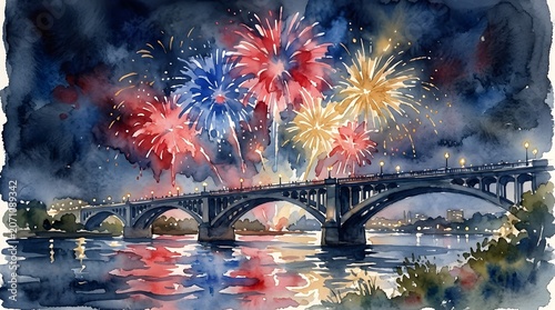 Watercolor fireworks over city bridge at night, festive pyrotechnic display with river reflections, vibrant celebration painting for holiday events