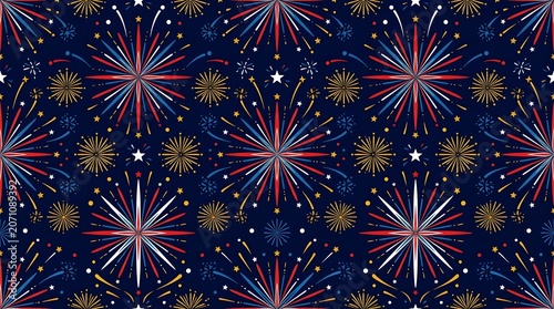 Festive fireworks seamless pattern, patriotic red white and blue firework bursts on dark navy background, celebratory pyrotechnic holiday wallpaper