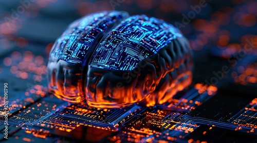 Brain glowing on a digital circuit board representing ai technology and innovation