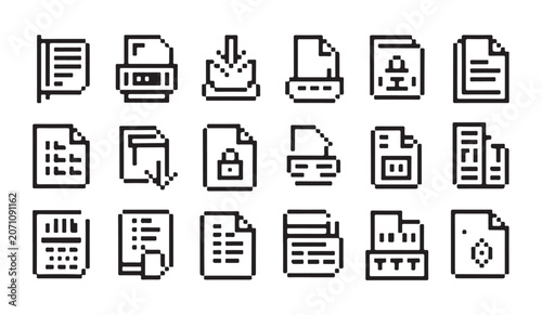 Tableau sur toile Technical document and printing process icons in chunky pixelated style for retro designs