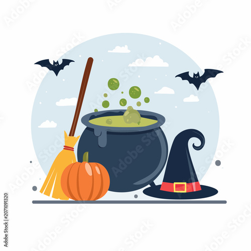 Halloween symbols: witch hat, cauldron, broom, pumpkin, and bats