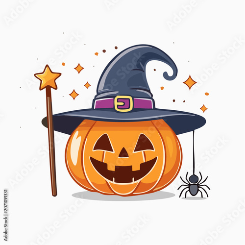 Halloween pumpkin with witch hat and magic wand
