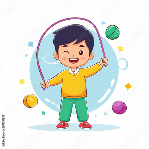 Happy boy jumping rope with colorful balls around