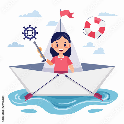 Happy girl sailing in a large paper boat with nautical elements