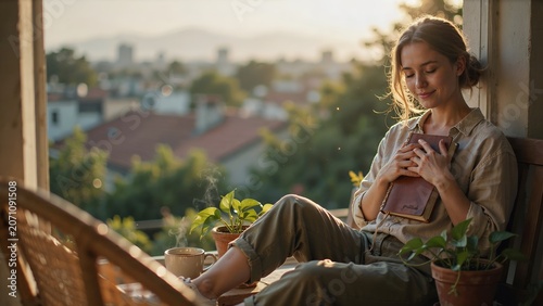 A woman enjoying a quiet moment with a book on a sunny balcony.