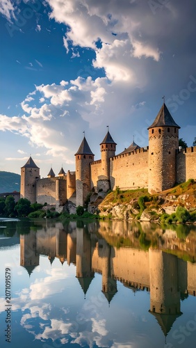 Majestic stone fortress reflecting in river waters under a serene cloudy sky