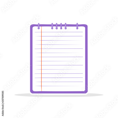Purple spiral notebook with lined paper, flat vector illustration