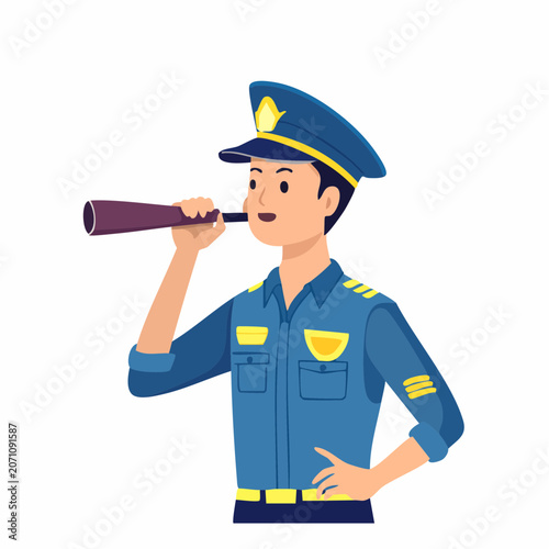 Police officer looking through a spyglass