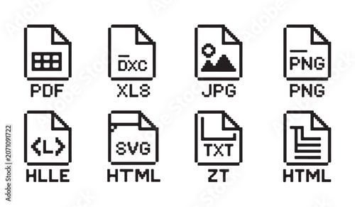 Fotografie Pixelated file type icons for various formats including pdf xls jpg png hlle svg txt html