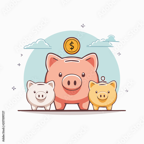 Three piggy banks with a coin above