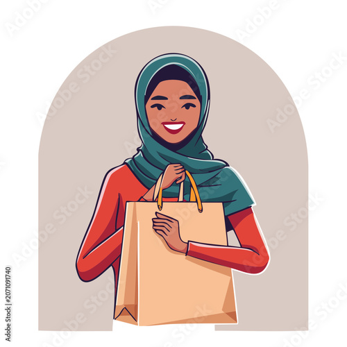 Smiling woman in hijab holding shopping bag illustration