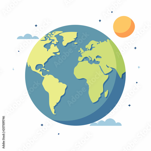 Stylized illustration of planet Earth with sun and clouds