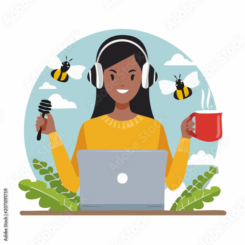 Woman with headphones, laptop, and coffee, with bees flying