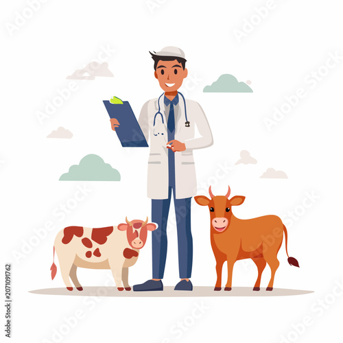 Veterinarian examining cows with clipboard